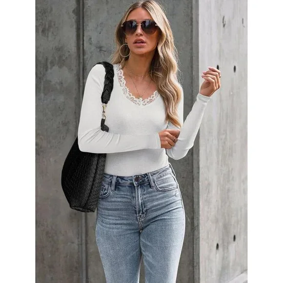 Long Sleeve Women Lace V Neck Ribbed Fitted Blouse Casual Work Top - Picture 5 of 9